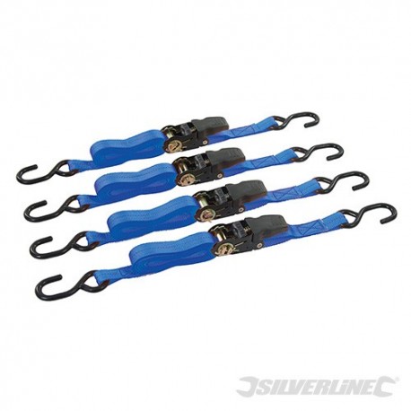 Rubber-Handled Ratchet Tie Down Strap S-Hook 4pk - 4m x 25mm Rated 350kg Capacity 700kg