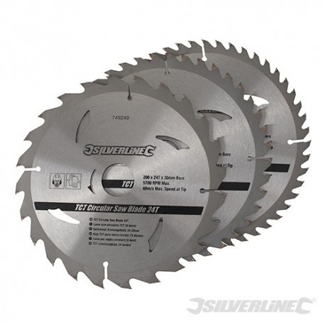 TCT Circular Saw Blades 24, 40, 48T 3pk - 200 x 30 - 25, 18, 16mm Rings
